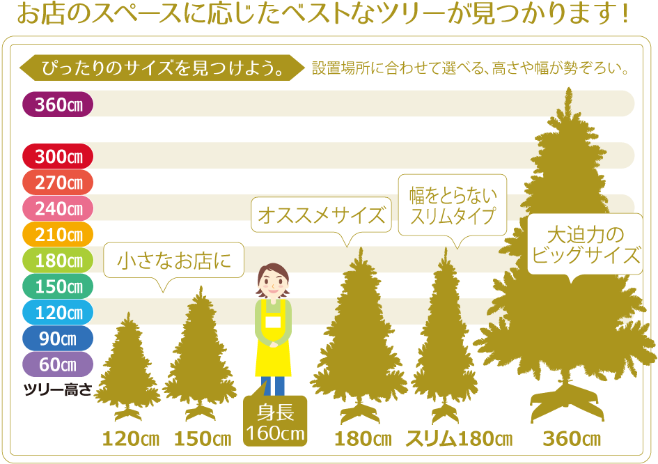 お店のスペースに応じたベストなツリーが見つかります!ぴったりのサイズを見つけよう。設置場所に合わせて選べる、高さや幅が勢ぞろい。