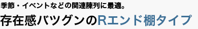 季節・イベントなどの関連陳列に最適。存在感バツグンのRエンド棚タイプ