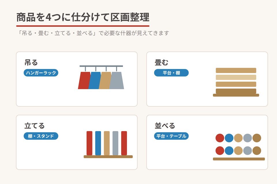 商品を4つに仕分けて区画整理