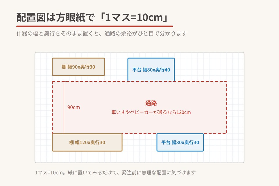 配置図は方眼紙で1マス10cm
