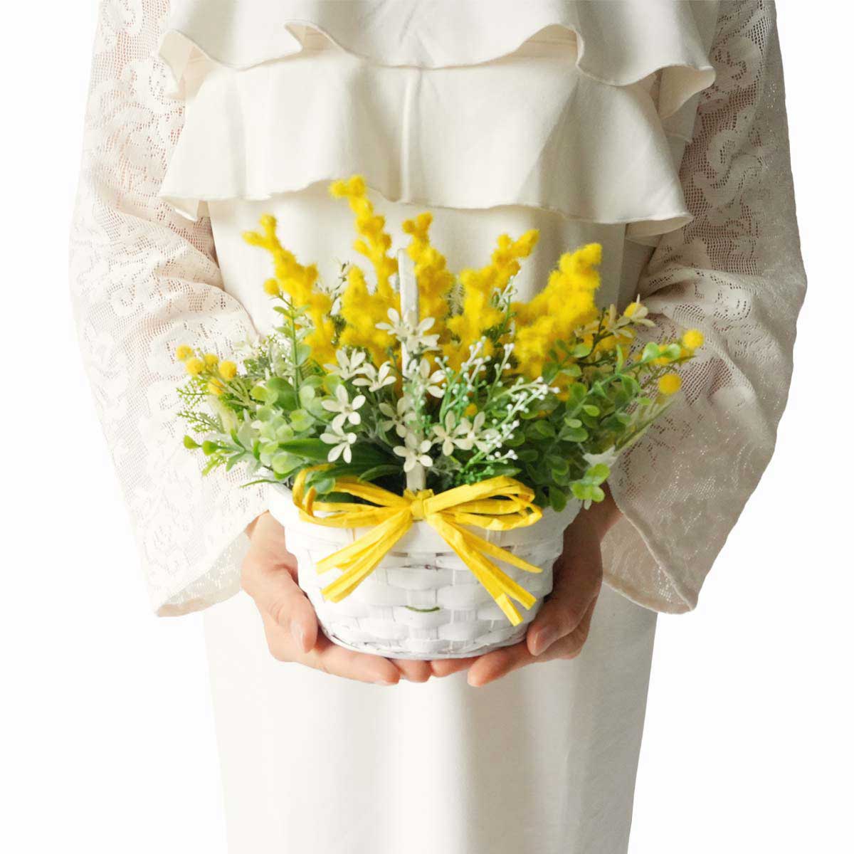 ミモザバスケット造花アレンジ［ストエキオリジナル］