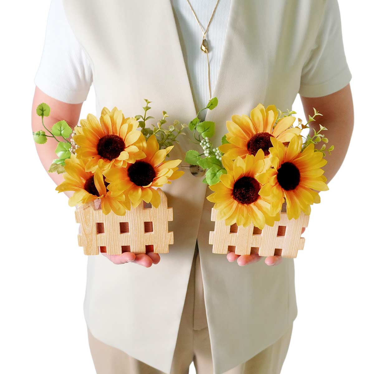 2個 ひまわり造花垣根ポット