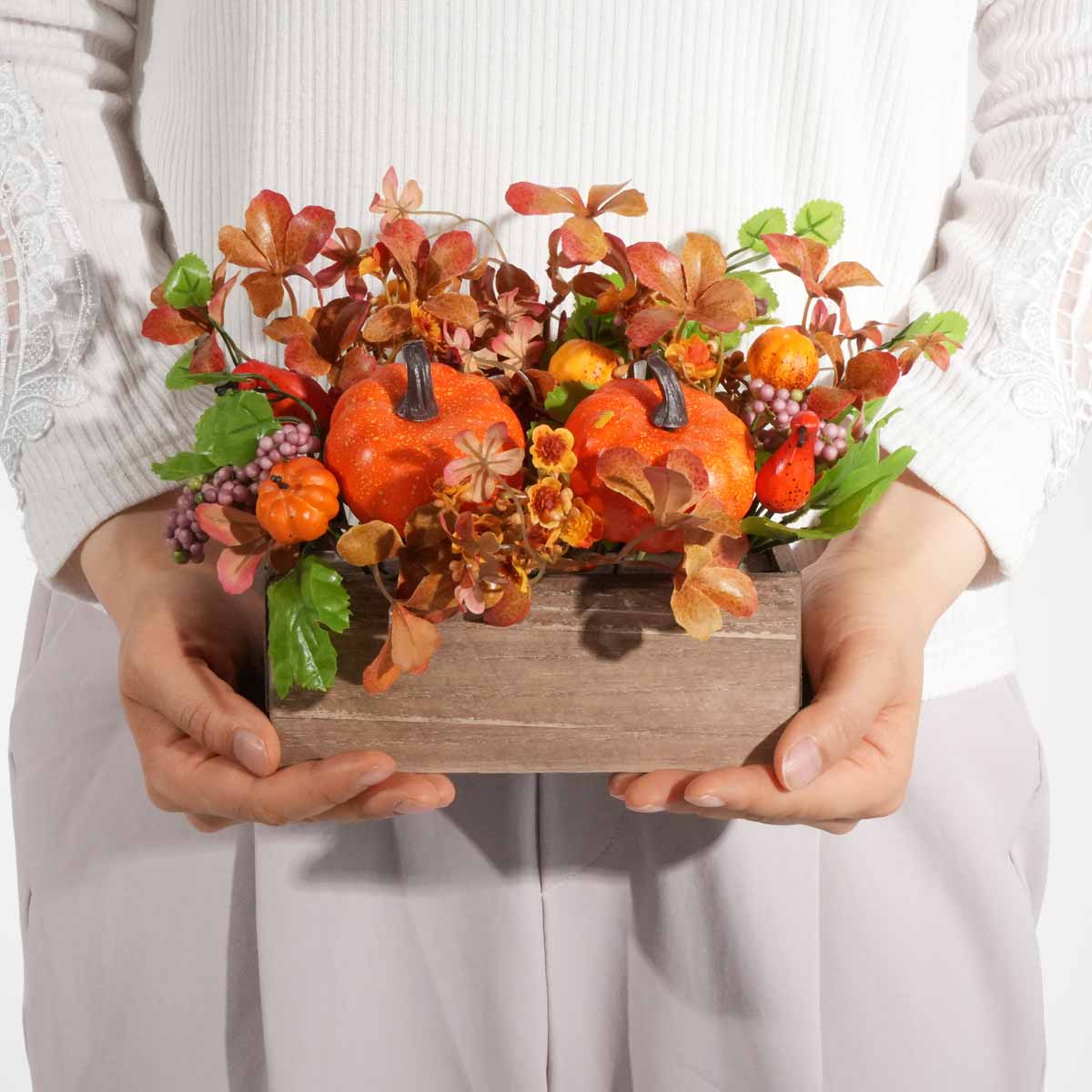 ウッドプランターパンプキンアレンジ幅27×高さ18cm(造花)