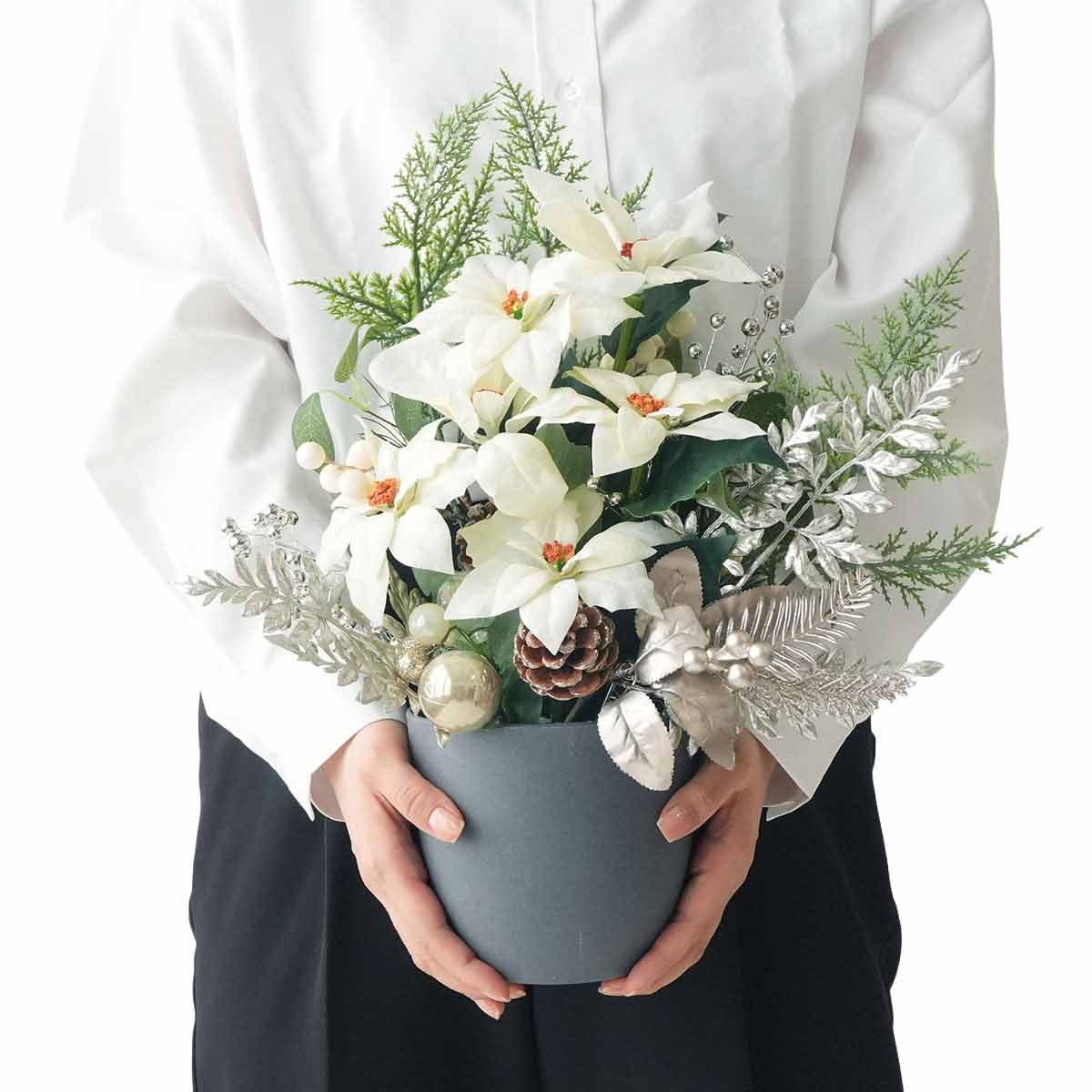 ホワイトポインセチア造花アレンジ高さ42cm［ストエキオリジナル］
