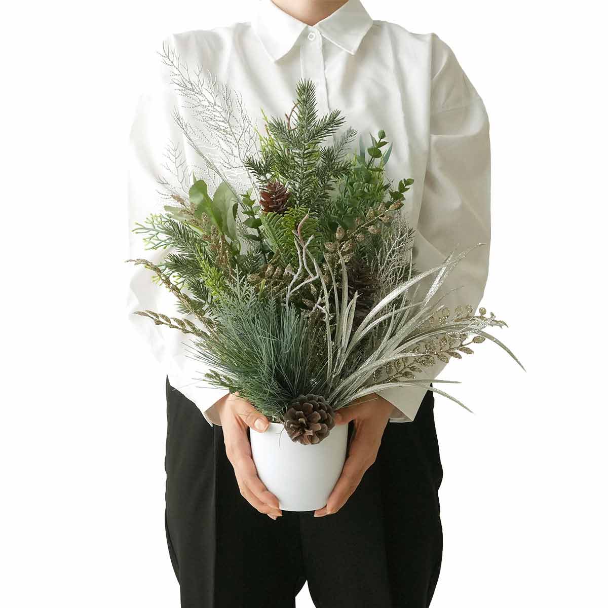 シルバーフォレスト造花アレンジ 松ぼっくり高さ54cm［ストエキオリジナル］