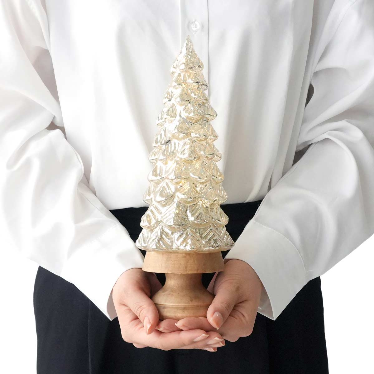 LEDウッドガラスクリスマスツリースタンドライト27cm