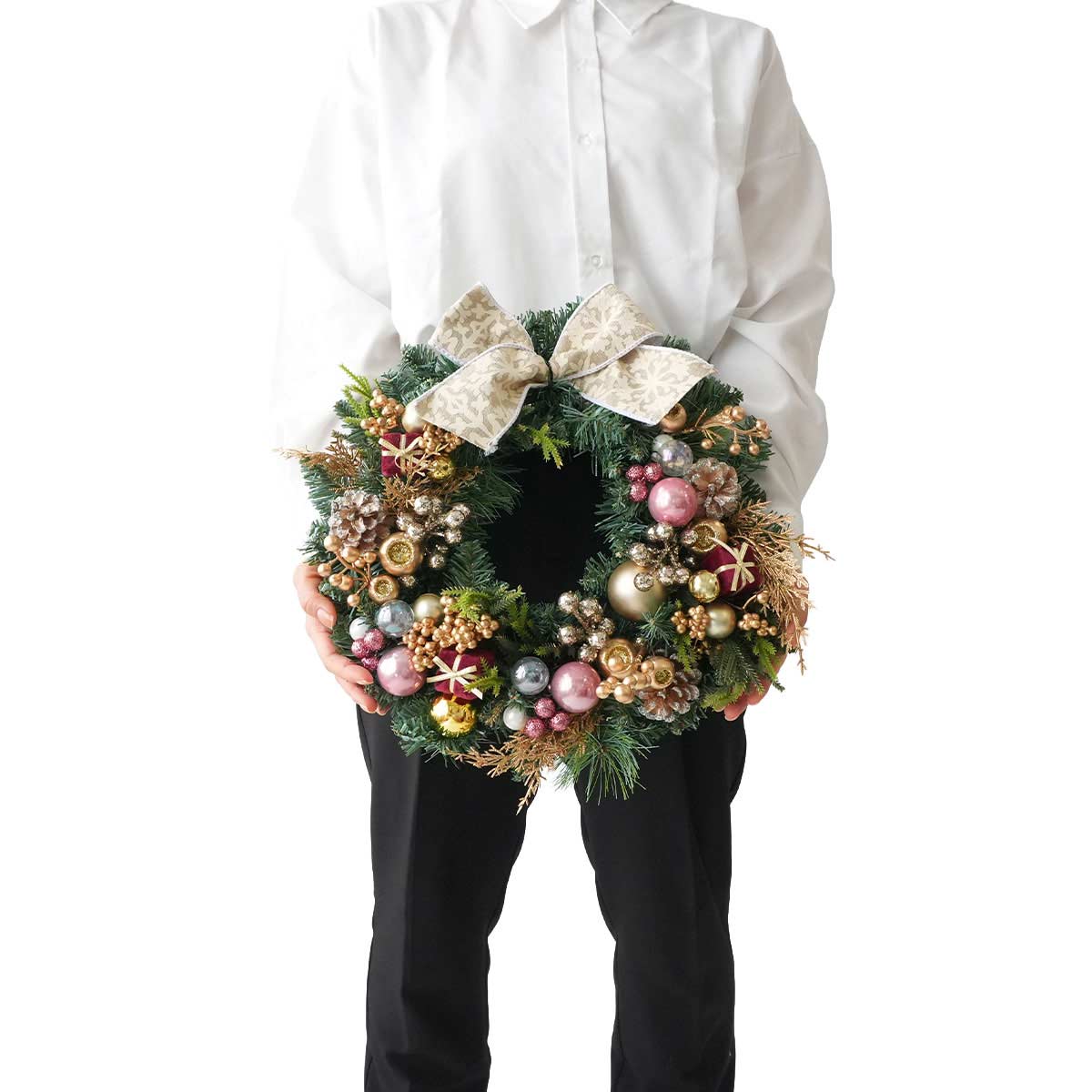 40cm ピンクオーナメントクリスマスリース