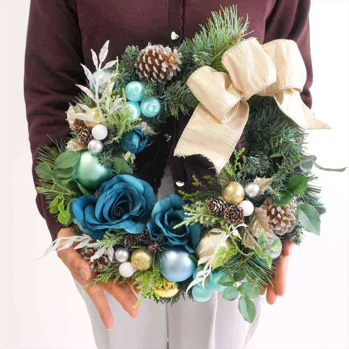 40cmブルーオーナメントボールクリスマスリース［ストエキオリジナル］