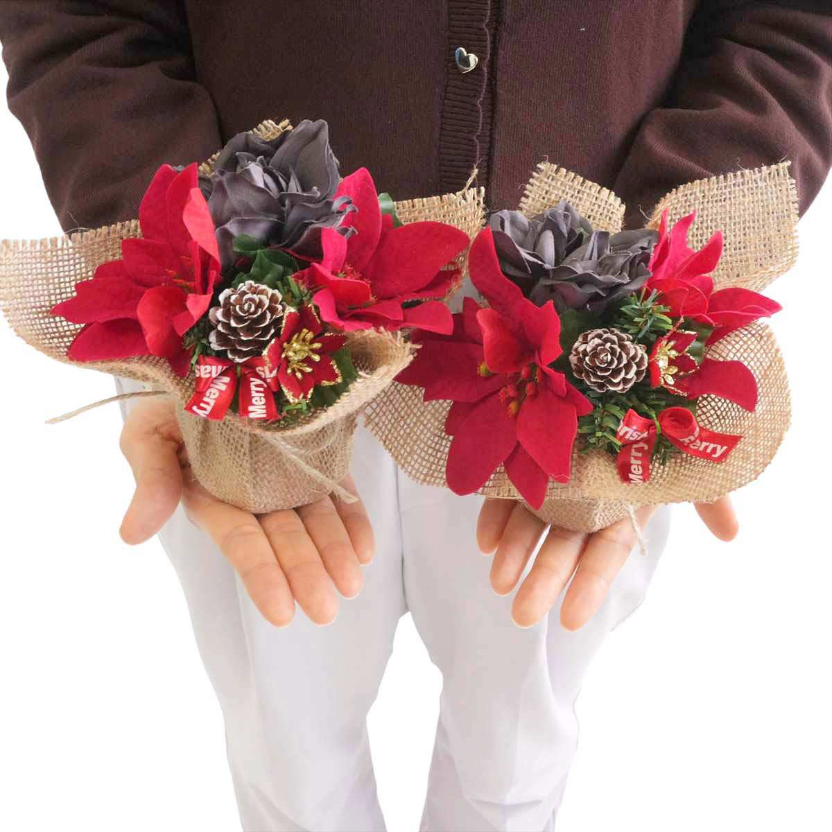 2個 ポインセチア造花ジュートラップ高さ15cm