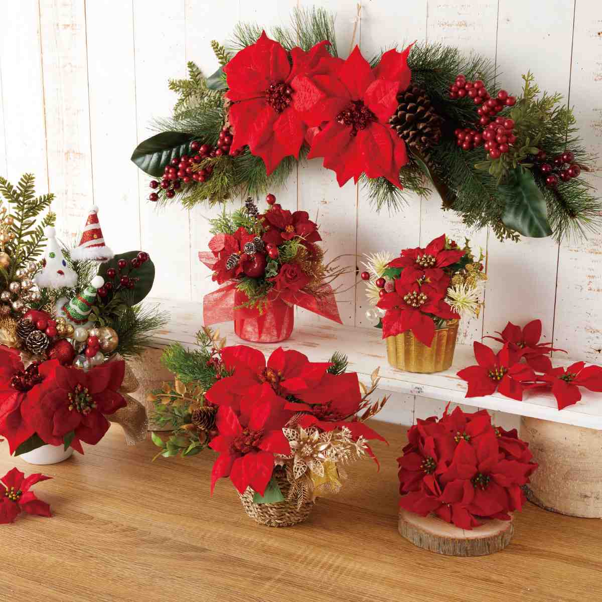 ポインセチア造花スワッグ幅85cm［ストエキオリジナル］