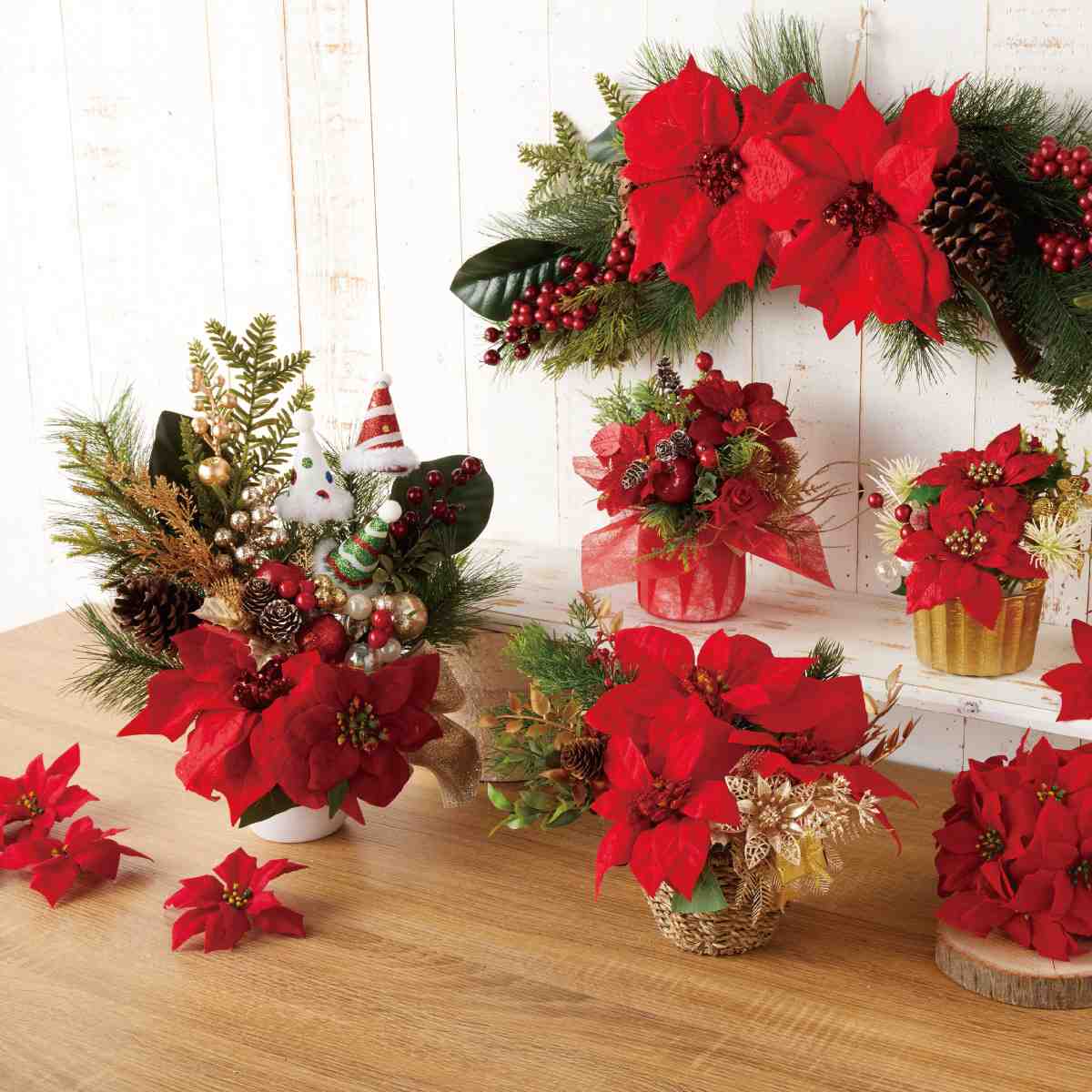 ポインセチア造花アレンジ高さ42cm［ストエキオリジナル］