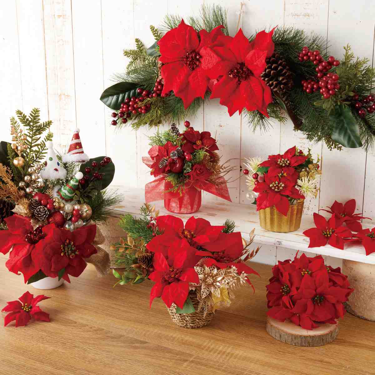 ポインセチア造花ポット高さ20cm［ストエキオリジナル］