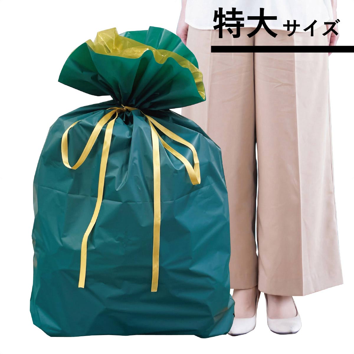【10枚】梨地リボン付きギフトバッグ ビッグサイズ ダークグリーン