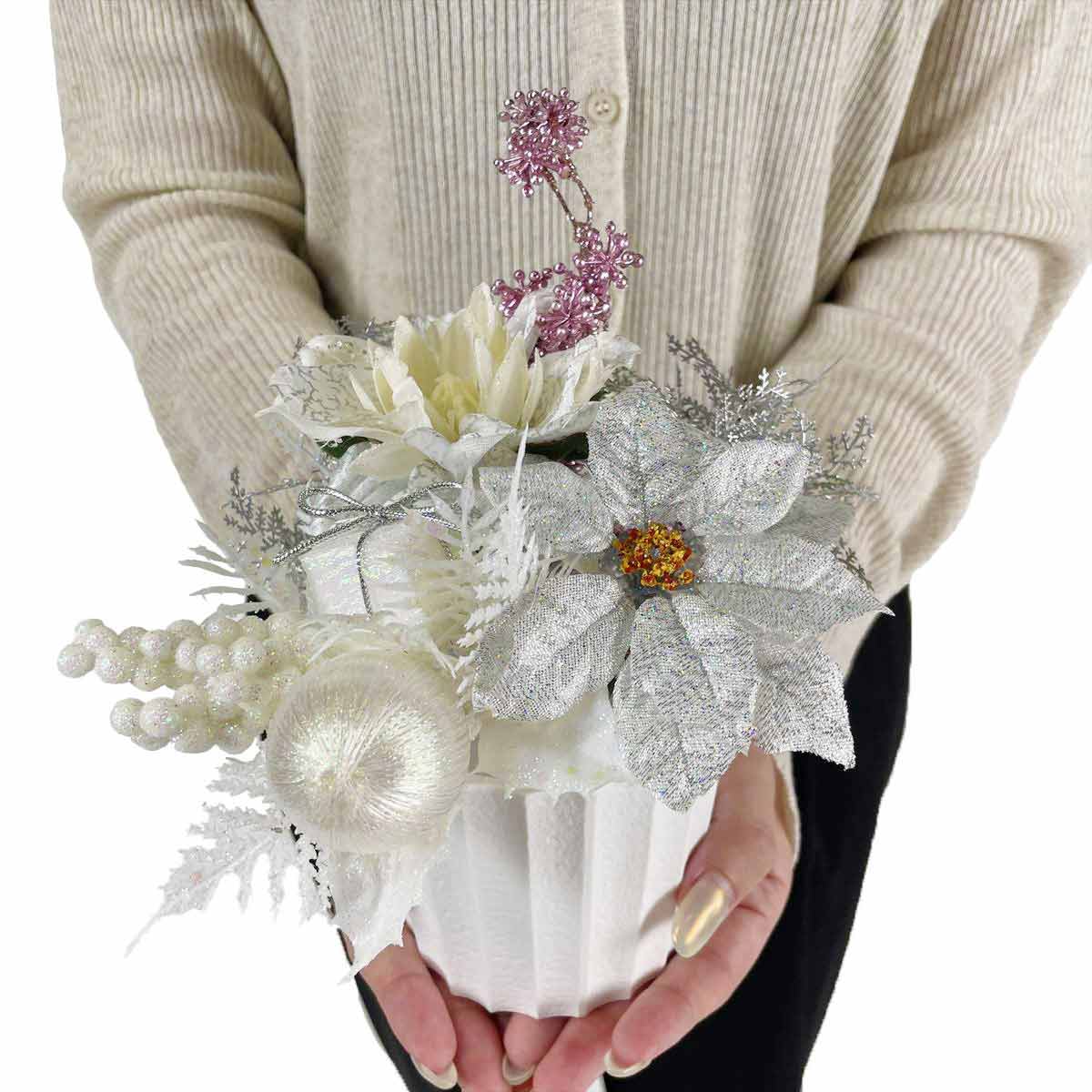 ホワイトポインセチア造花ポット　幅18cm