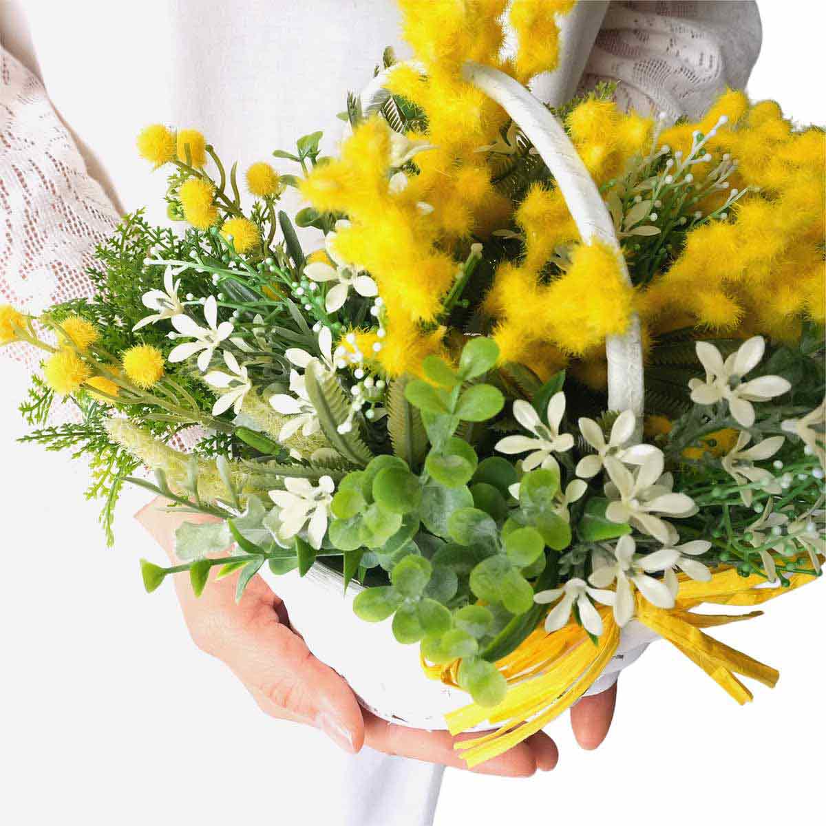 ミモザバスケット造花アレンジ［ストエキオリジナル］