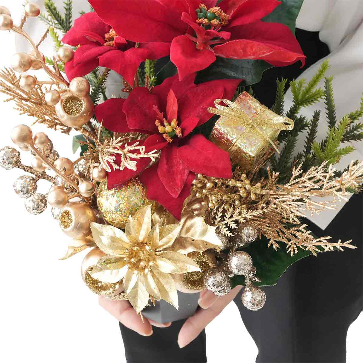 ポインセチア造花ゴールドアレンジ高さ25cm［ストエキオリジナル］