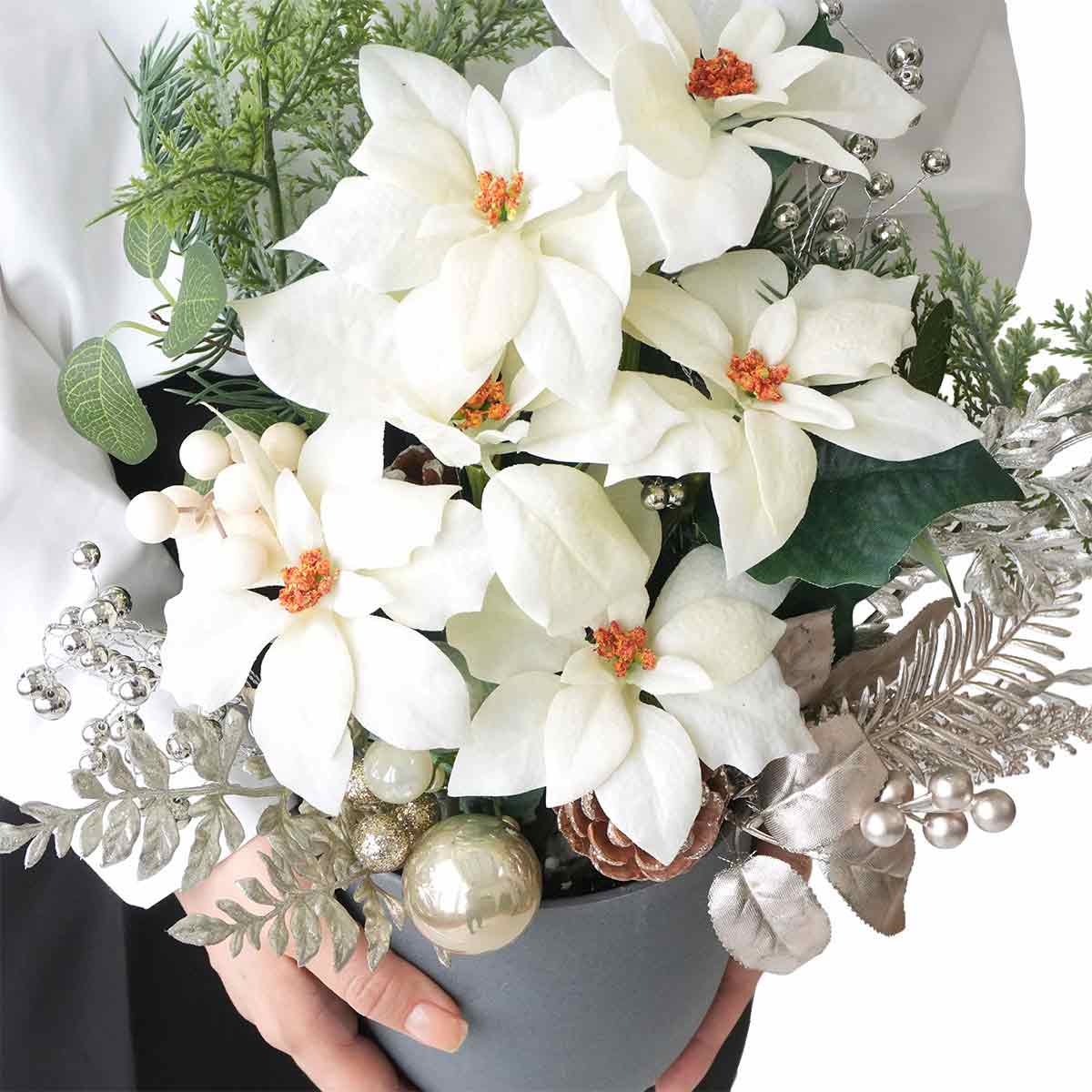 ホワイトポインセチア造花アレンジ高さ42cm［ストエキオリジナル］