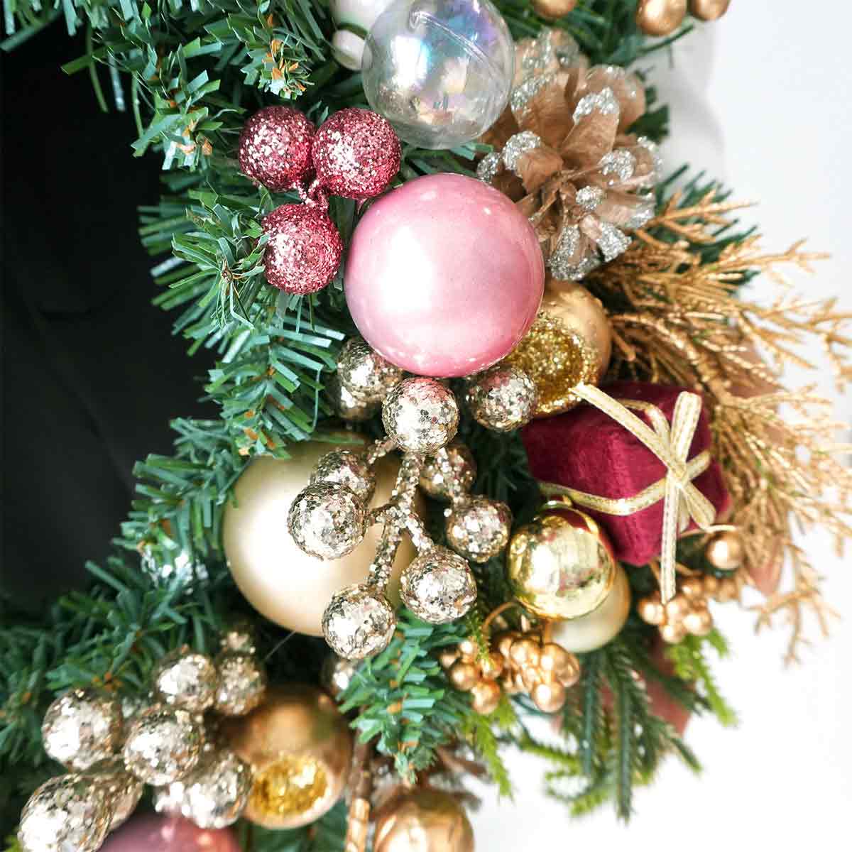 40cm ピンクオーナメントクリスマスリース