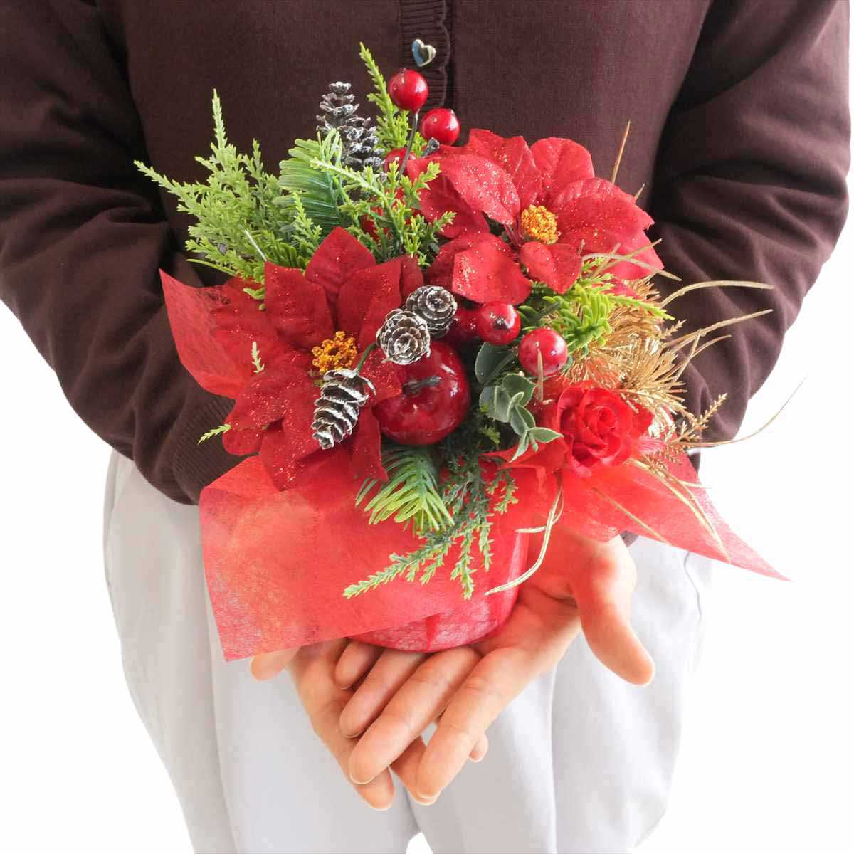 ポインセチア造花ベリーラップ高さ20cm［ストエキオリジナル］