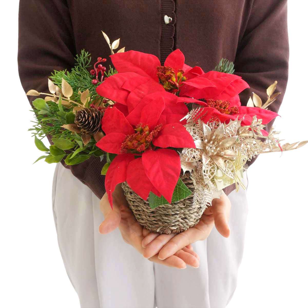 ポインセチア造花アレンジ高さ27cm［ストエキオリジナル］