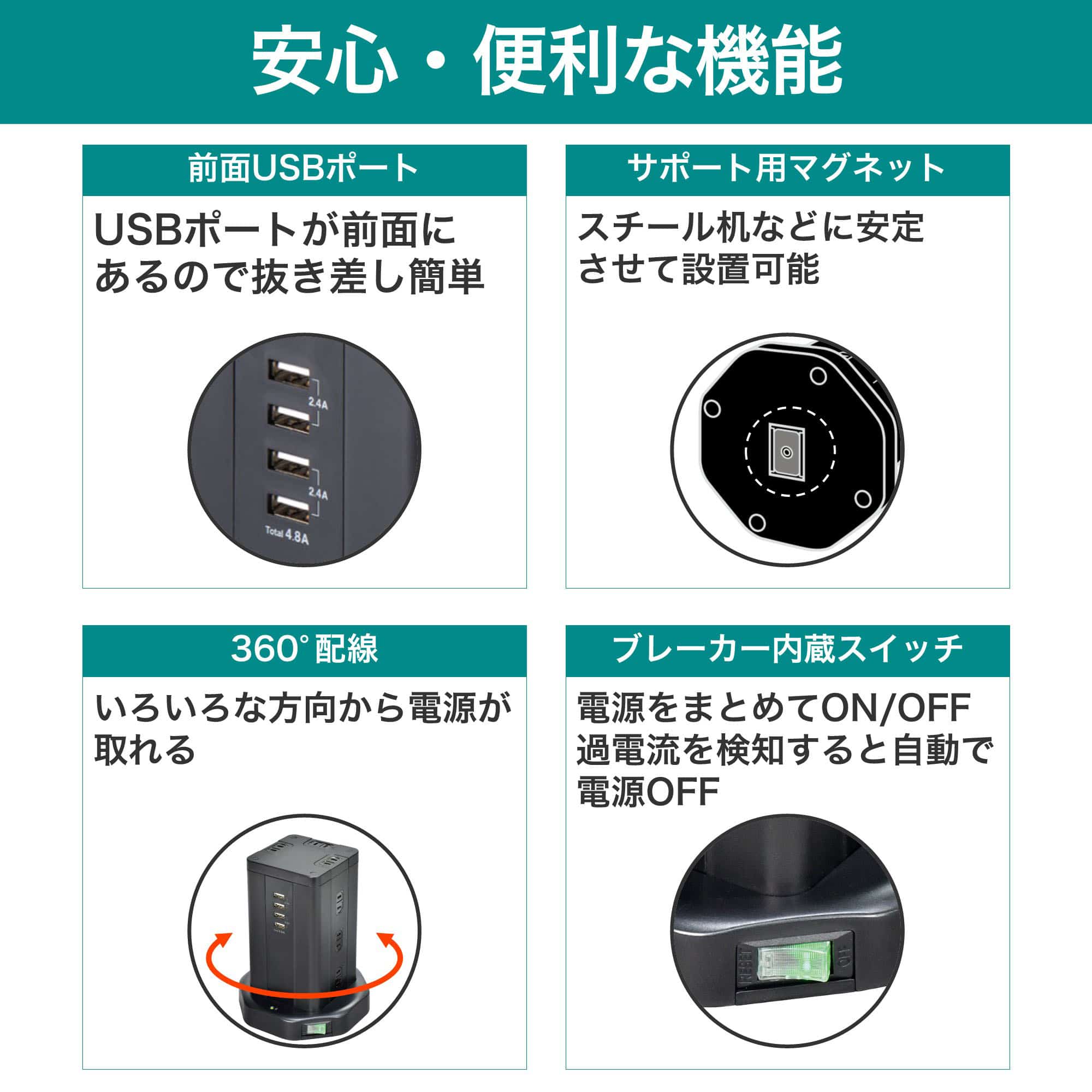 タワー型集中スイッチ付タップ 12P4USB
