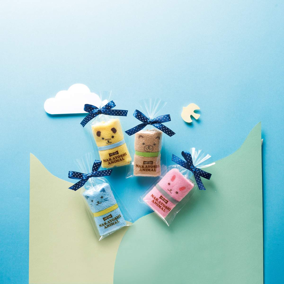 【320枚】ループ付 なかよしアニマルハンカチタオル(4色アソート)