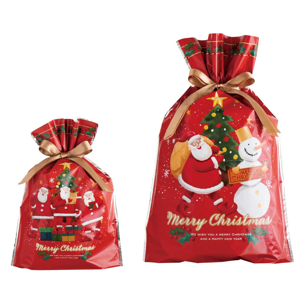 20枚 リボン付きギフトバッグ ゆかいなクリスマス 幅24×高さ35[25]×底マチ6cm