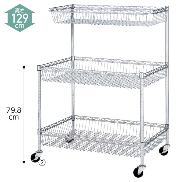 シェルフワゴン高さ128cm カゴ2段 ハーフカゴ付き〔ストエキオリジナル〕 奥行60.9cm