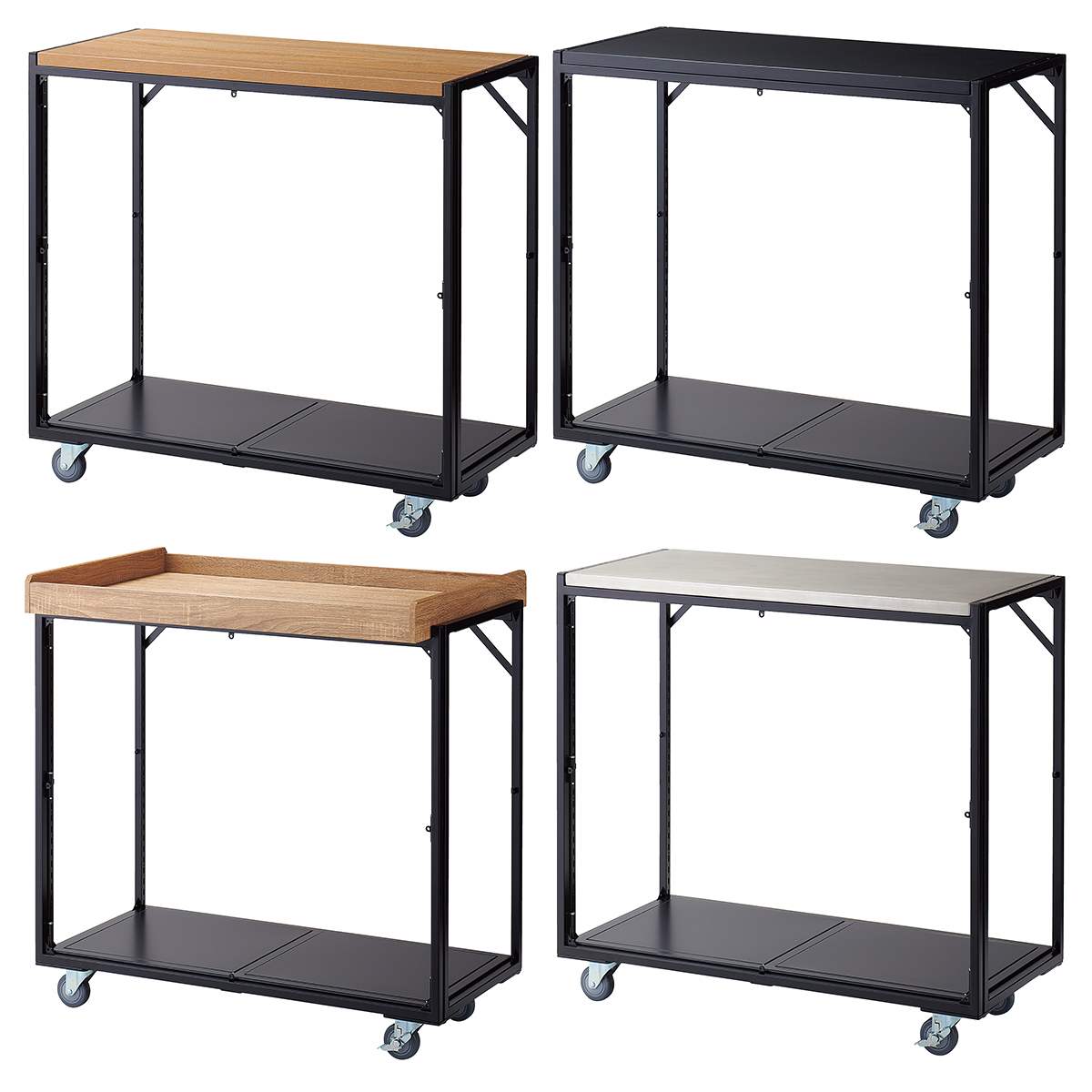 幅90×奥行45cm ブラック 強化キャスター 新型ハコマルシェワゴン 本体 〔ストエキオリジナル〕 ラスティック柄天板