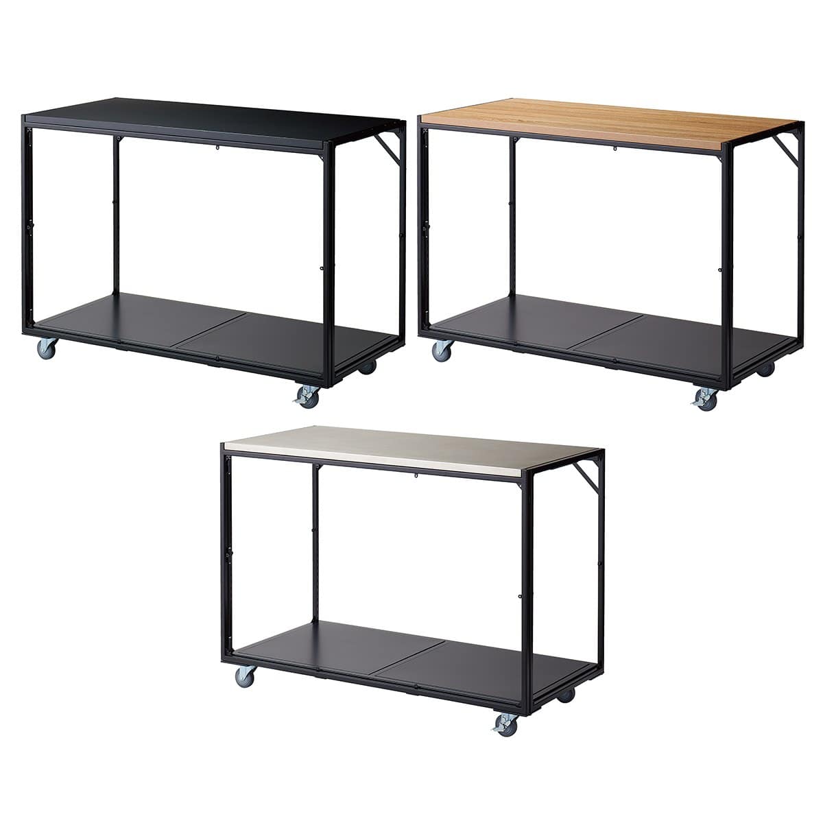 幅120×奥行60cm ブラック 強化キャスター 新型ハコマルシェワゴン 本体 〔ストエキオリジナル〕 ラスティック柄天板