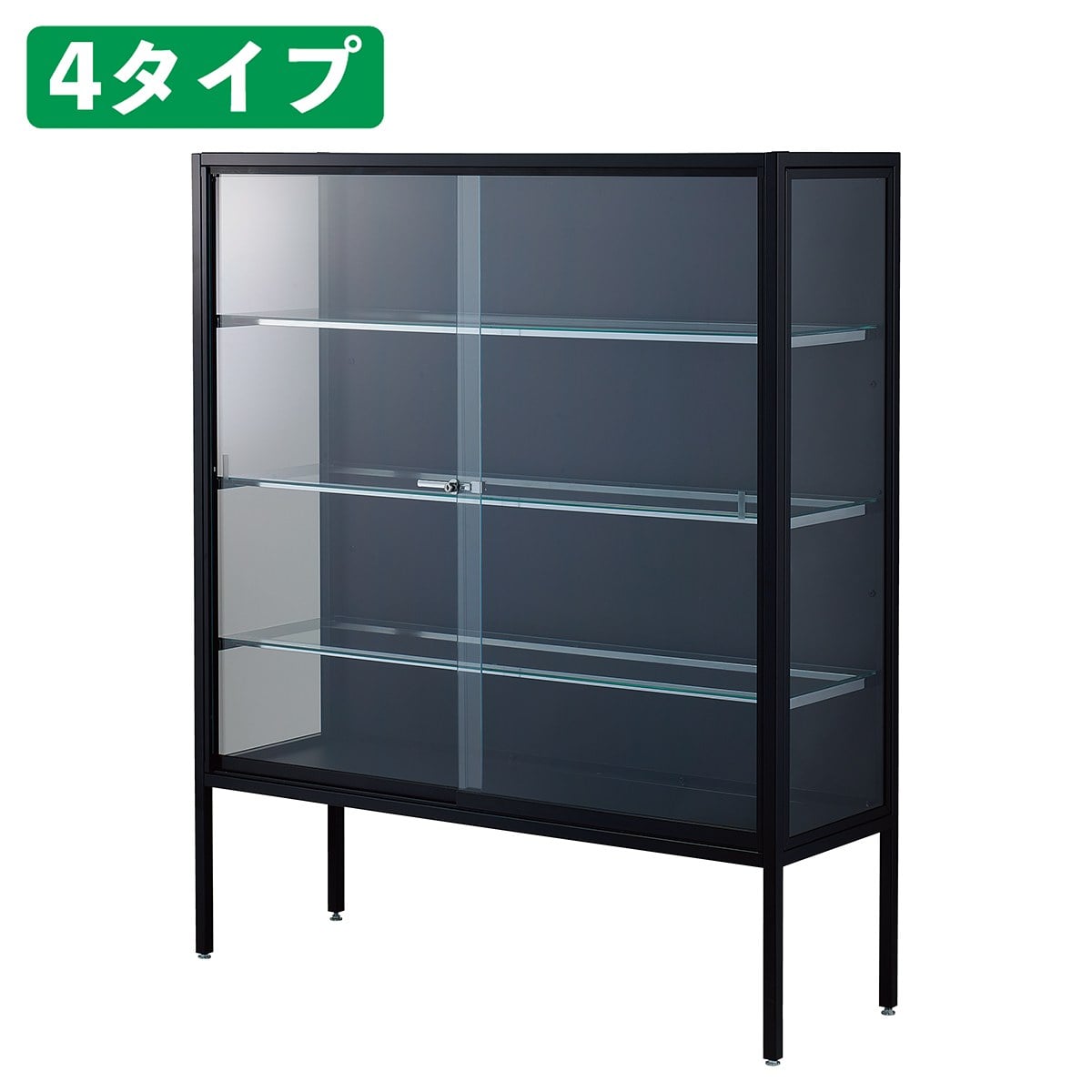 ラテラルショーケースブラック 幅120×高さ150cm パネル:ブラック ガラス棚〔ストエキオリジナル〕 棚2枚