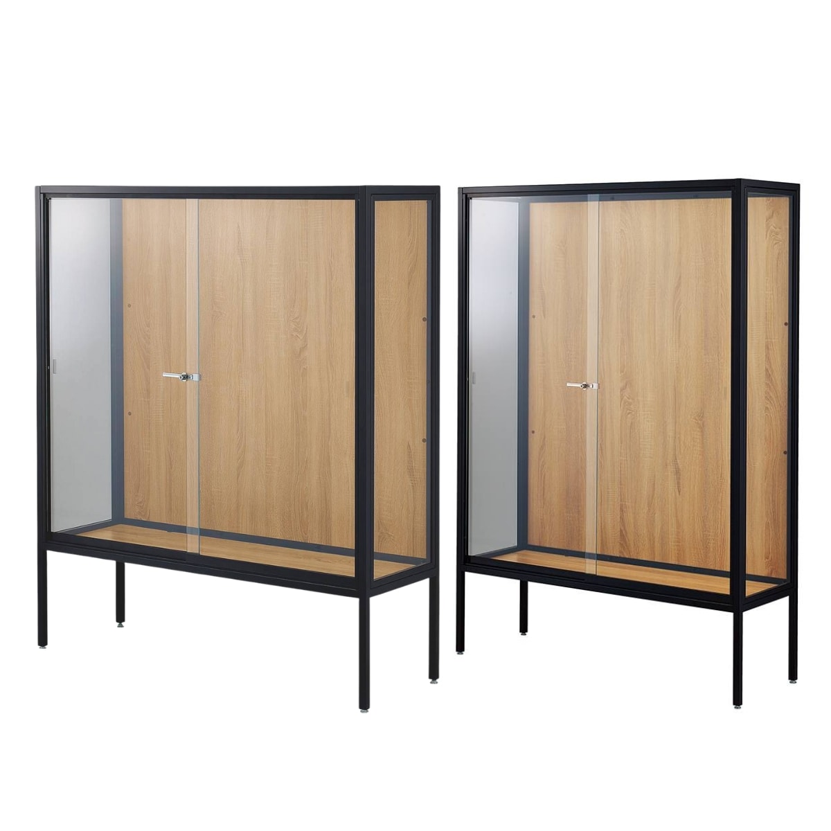 ラテラルショーケース ブラック 本体 幅120cm パネル:ラスティック柄〔ストエキオリジナル〕 H150cm