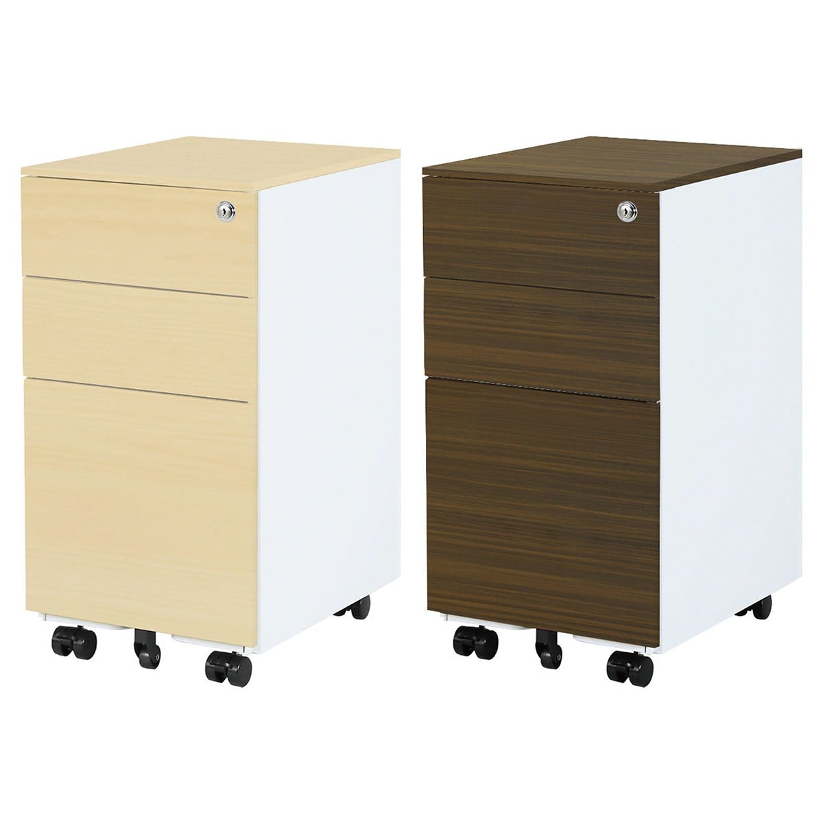 デスクワゴン 3段スリム 木目 ホワイト(シリンダー錠) ナチュラル