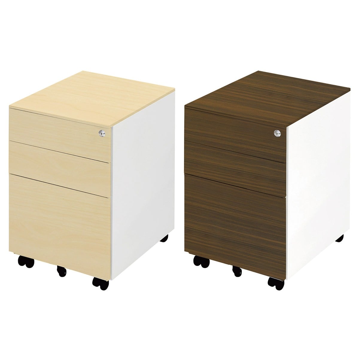 デスクワゴン 3段 木目 ホワイト(シリンダー錠) ナチュラル