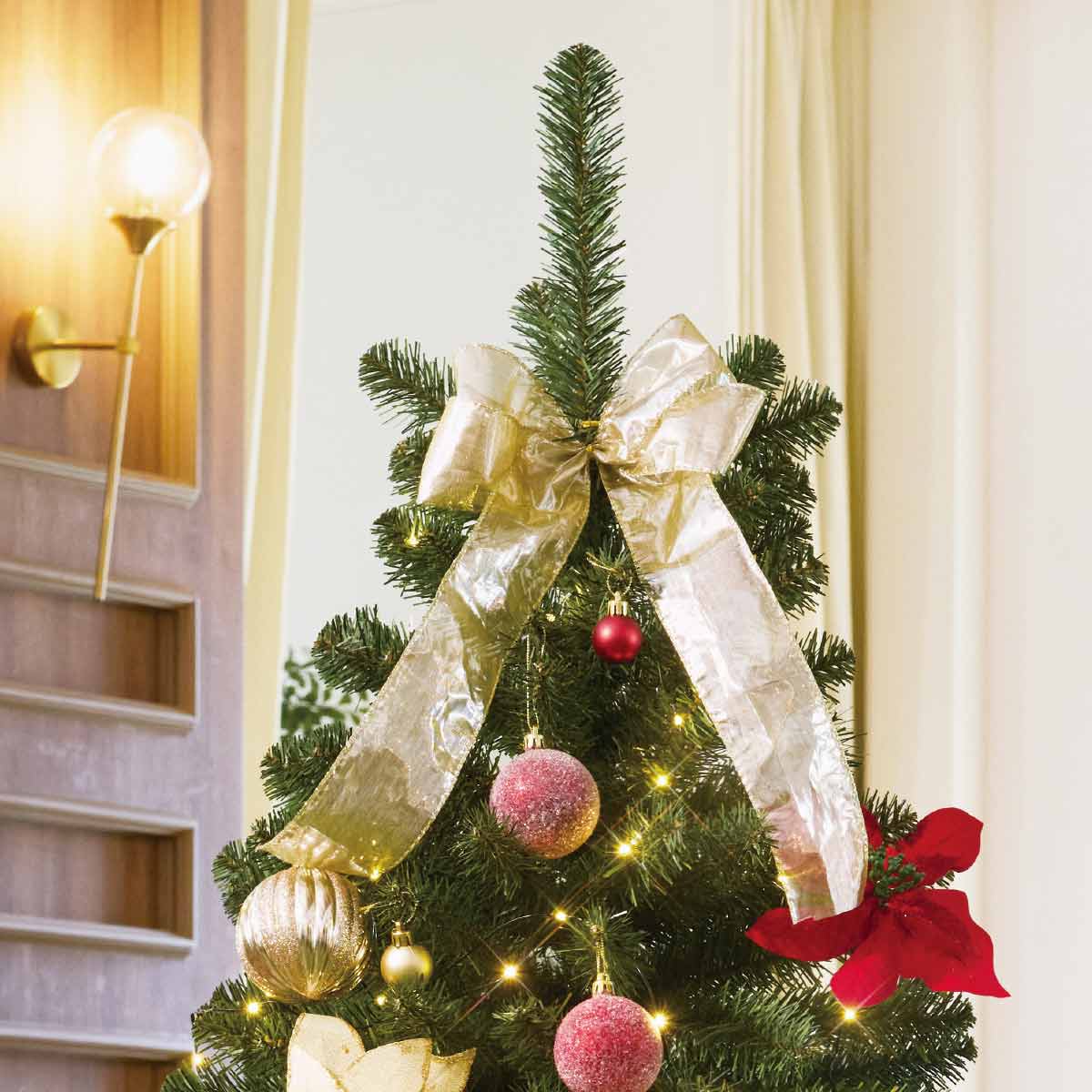クリスマスツリー 金色 赤いボールとリボン付き