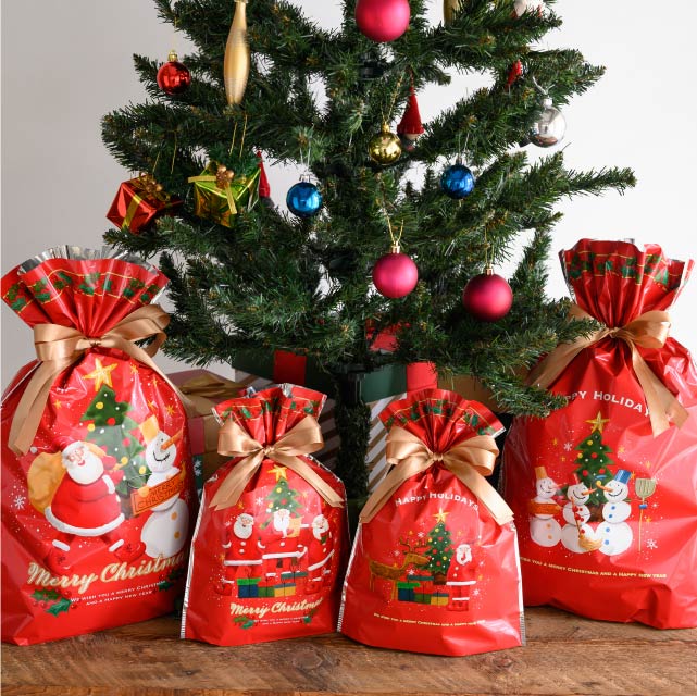 20枚 リボン付きギフトバッグ ゆかいなクリスマス 幅24×高さ35[25]×底マチ6cm