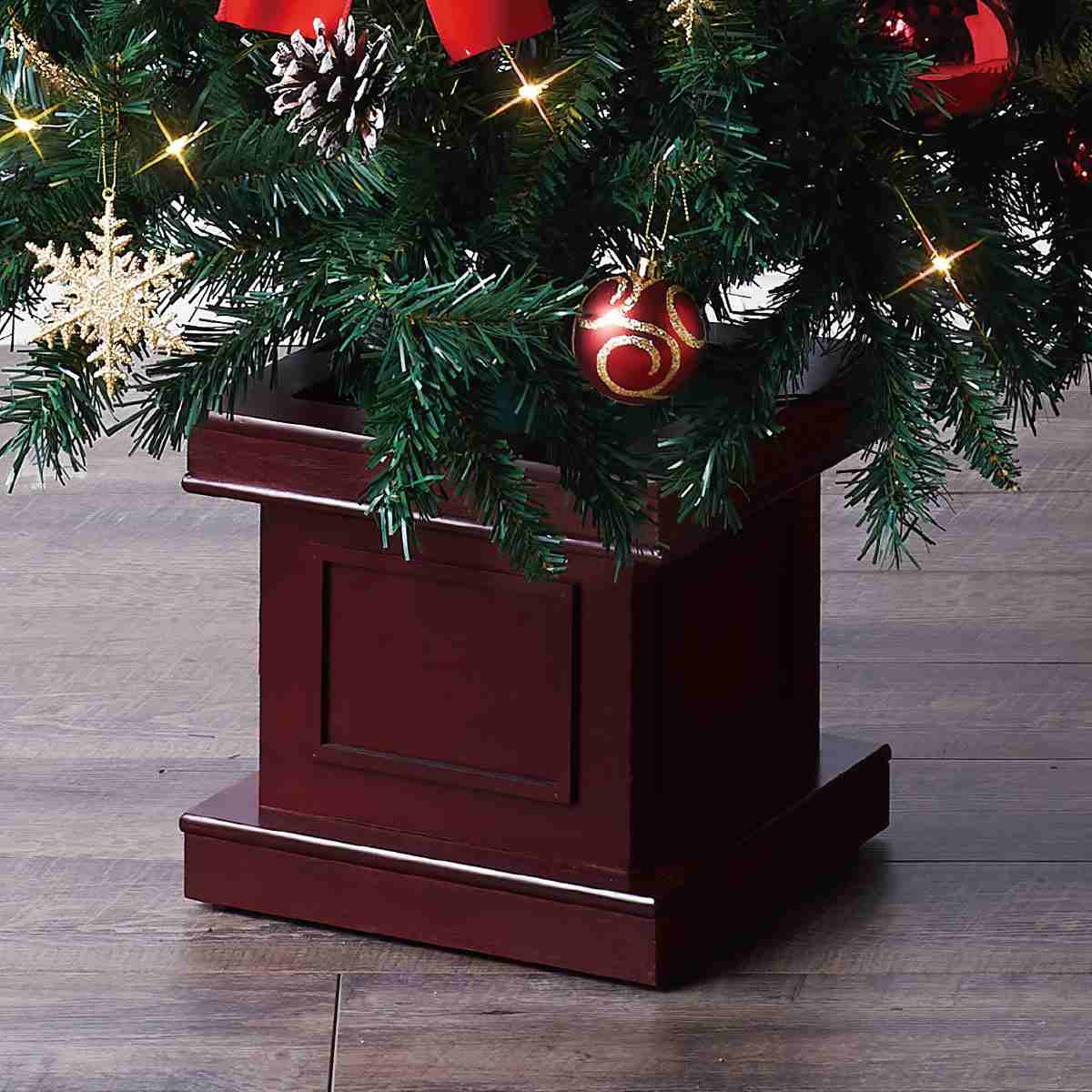 スクエアベースツリーセットスリム レッド Led付クリスマスツリー ディスプレイ 飾り オーナメント 木製ポット