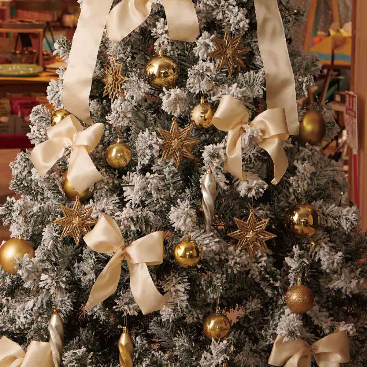 ベース付きクリスマスツリーセット スノーゴールドリボン ストエキオリジナル H150xw76cm クリスマス飾り通販 ストエキ