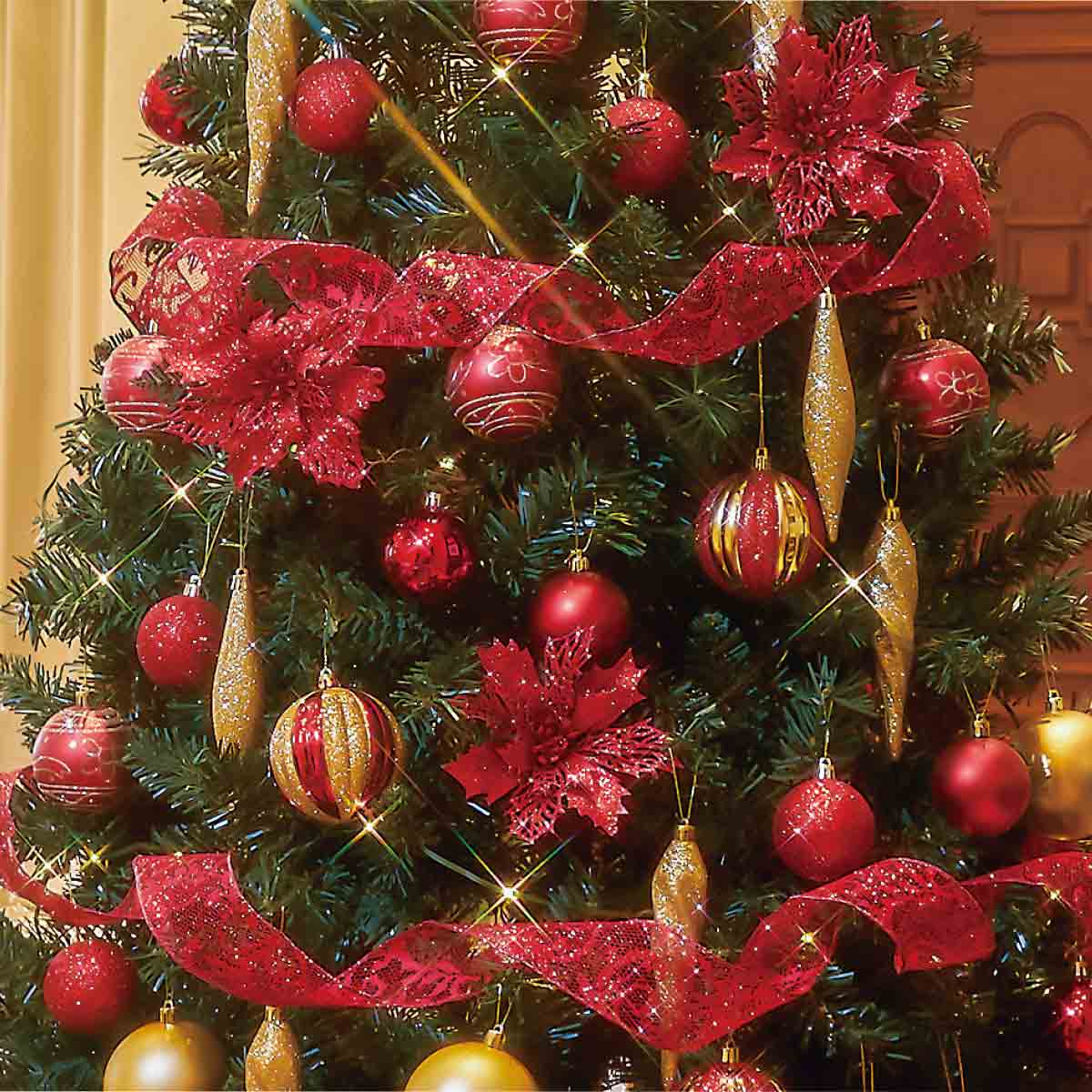 木製ベースクリスマスツリーセット レッド［ストエキオリジナル］ 高さ150×幅82cm