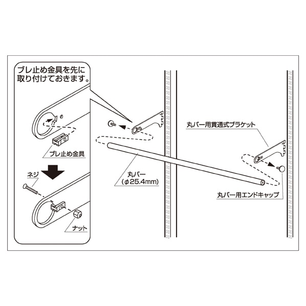 貫通式丸バーセット 幅120cm (スリット芯々88.8cm用) 奥行24cm