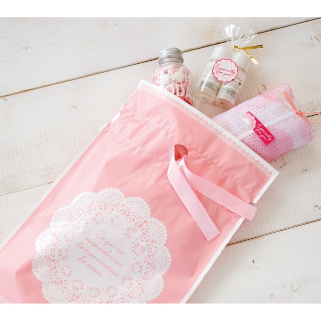 【20枚】リボン付きギフトバッグ レース 幅23×高さ34[26]×底マチ6cm 