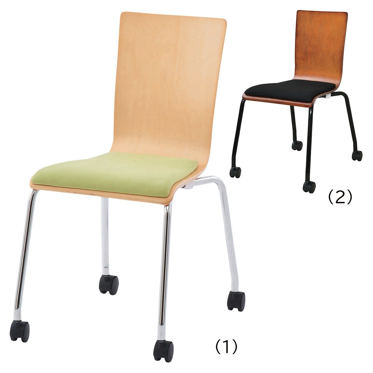 【4脚】プライウッドキャスターチェア パッド付き ナチュラル×グリーン