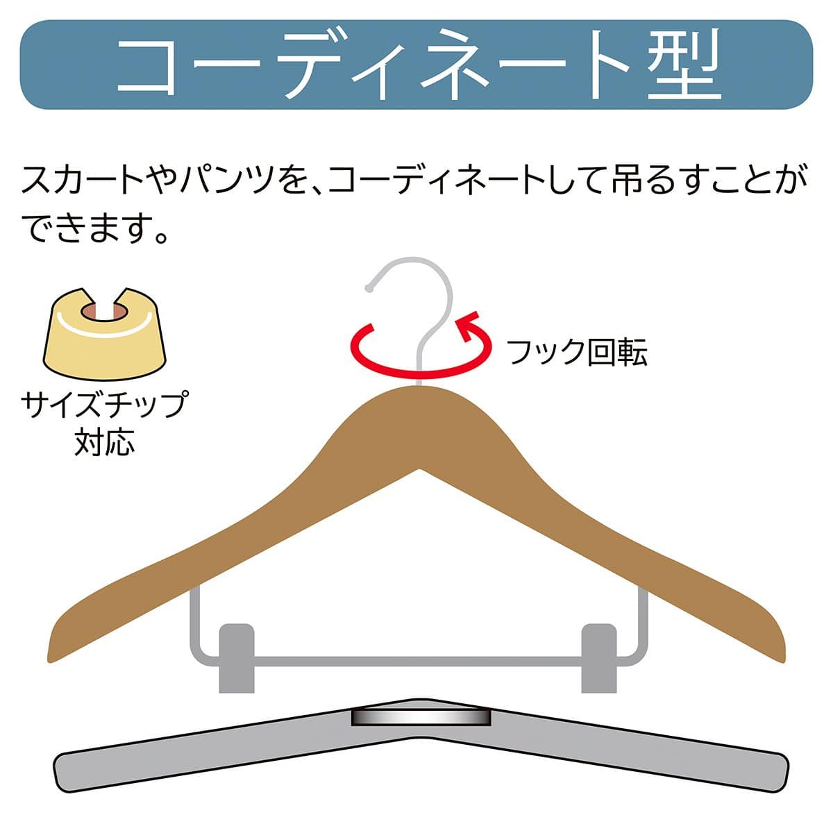 木製コーディネートハンガー 木地仕上げ〔ストエキオリジナル〕 ボトム下型クリップ付き