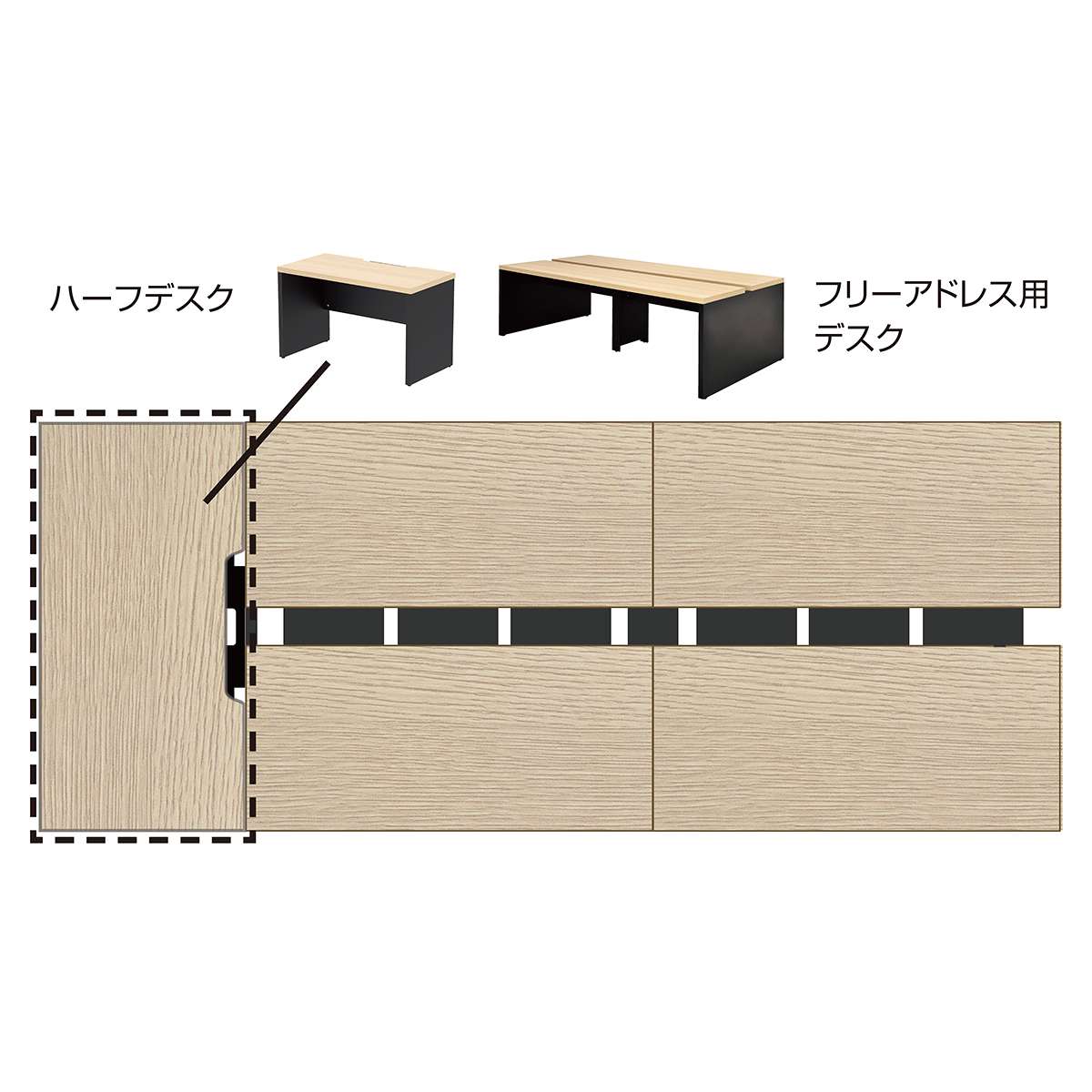 ソリード フリーアドレス用デスク 幅240×奥行120cm ブラック脚 ホワイト 2連タイプ