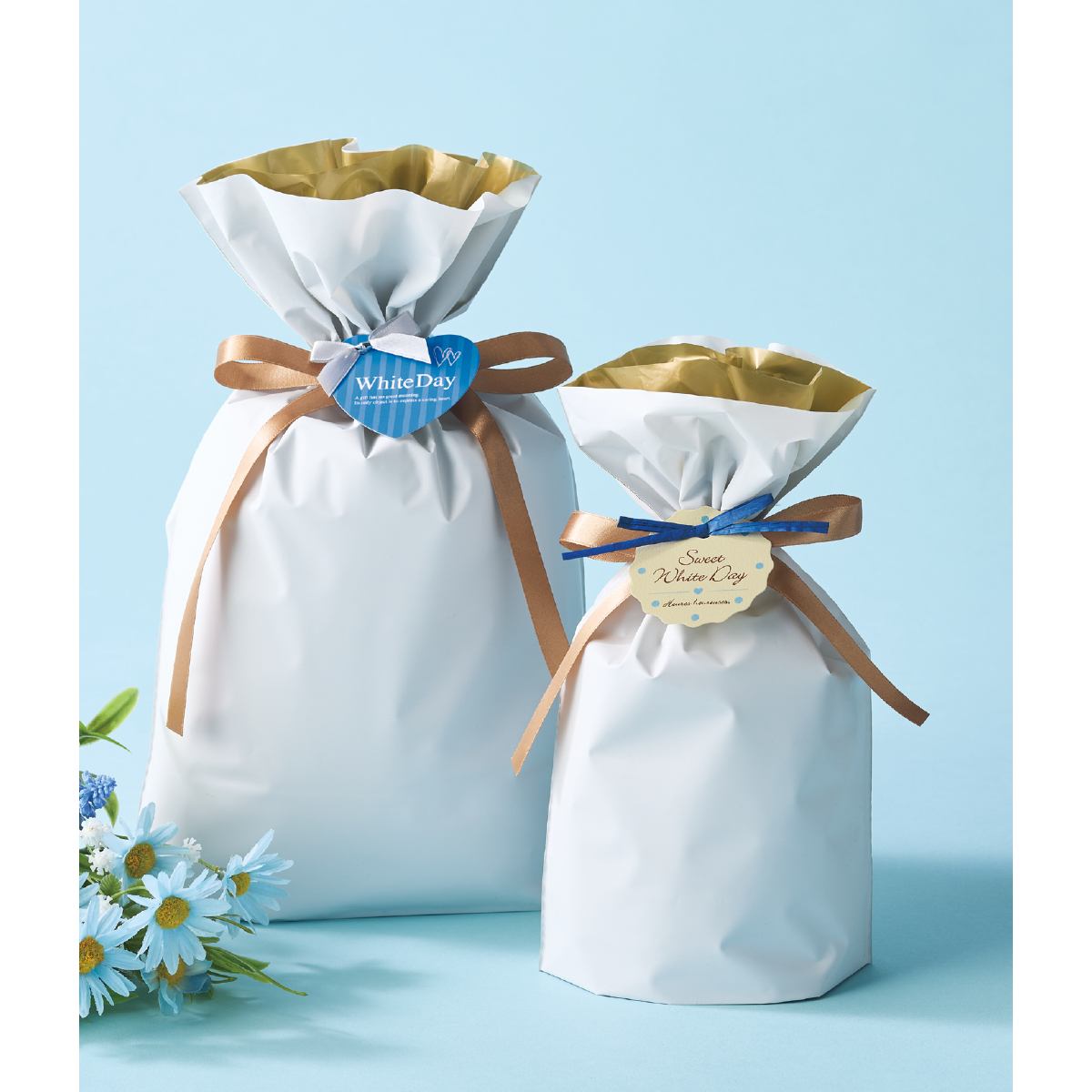 梨地リボン付きギフトバッグ ホワイト［ストエキオリジナル］ 17×28[18]×底マチ8cm