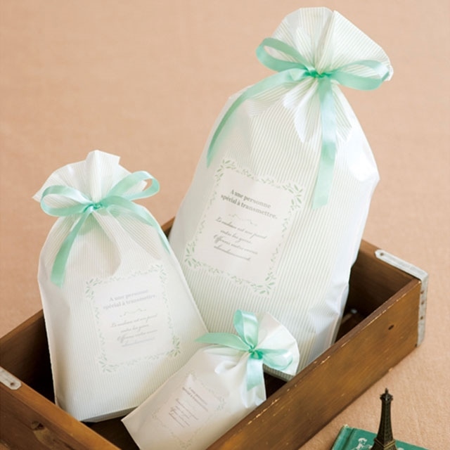 【20枚】リボン付きギフトバッグ ミントストライプ 幅15×高さ23[16]×底マチ5cm 