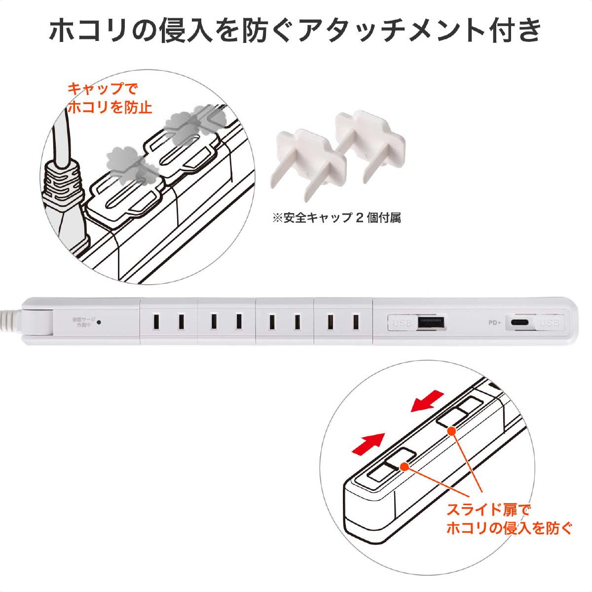 4口スリム回転USBタップ2m PD20W ホワイト