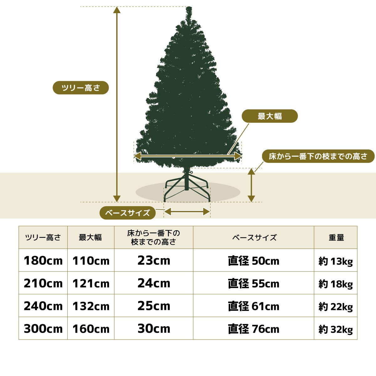 ゴージャスクリスマスツリーセット ゴールド［ストエキオリジナル］ 高さ240×幅132cm