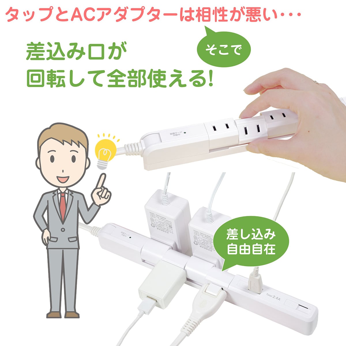 4口スリム回転USBタップ 2m ホワイト