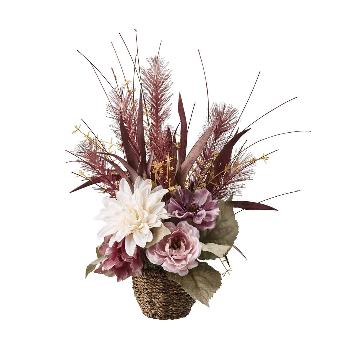 パンパスグラスバスケットアレンジ オレンジ パープル 高さ40cm ススキ 秋装飾 ディスプレイ 造花 置物